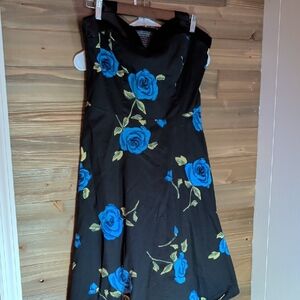Strapless Black Dress with Blue Rose Print